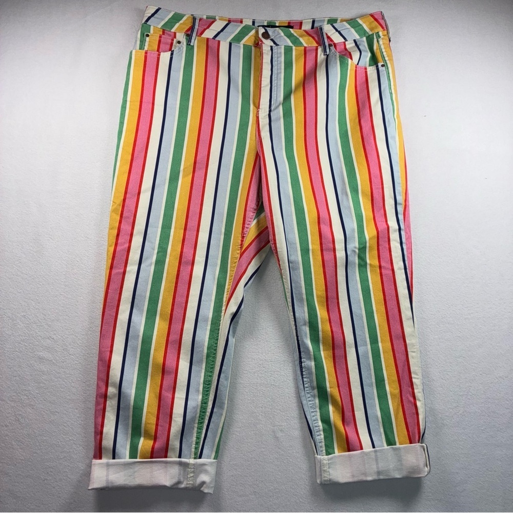 Boden Striped Jeans Straight Leg High Rise Button Fly US 20/22L Cuffed/Raw Hem